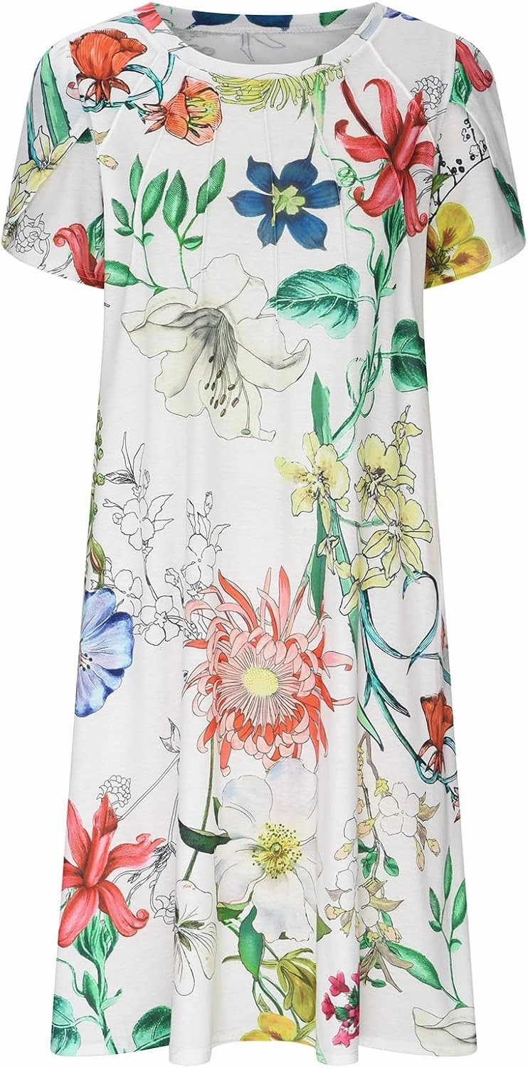 Womens Dress Trendy 2024 Floral Printed Pleated Casual Dresses with Cross Pockets Crewneck Short Sleeve Maxi Dresses