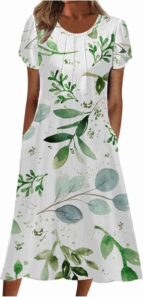 Womens Dress Trendy 2024 Floral Printed Pleated Casual Dresses with Cross Pockets Crewneck Short Sleeve Maxi Dresses