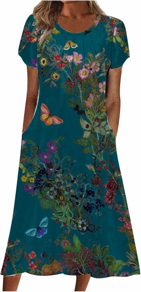 Womens Dress Trendy 2024 Floral Printed Pleated Casual Dresses with Cross Pockets Crewneck Short Sleeve Maxi Dresses