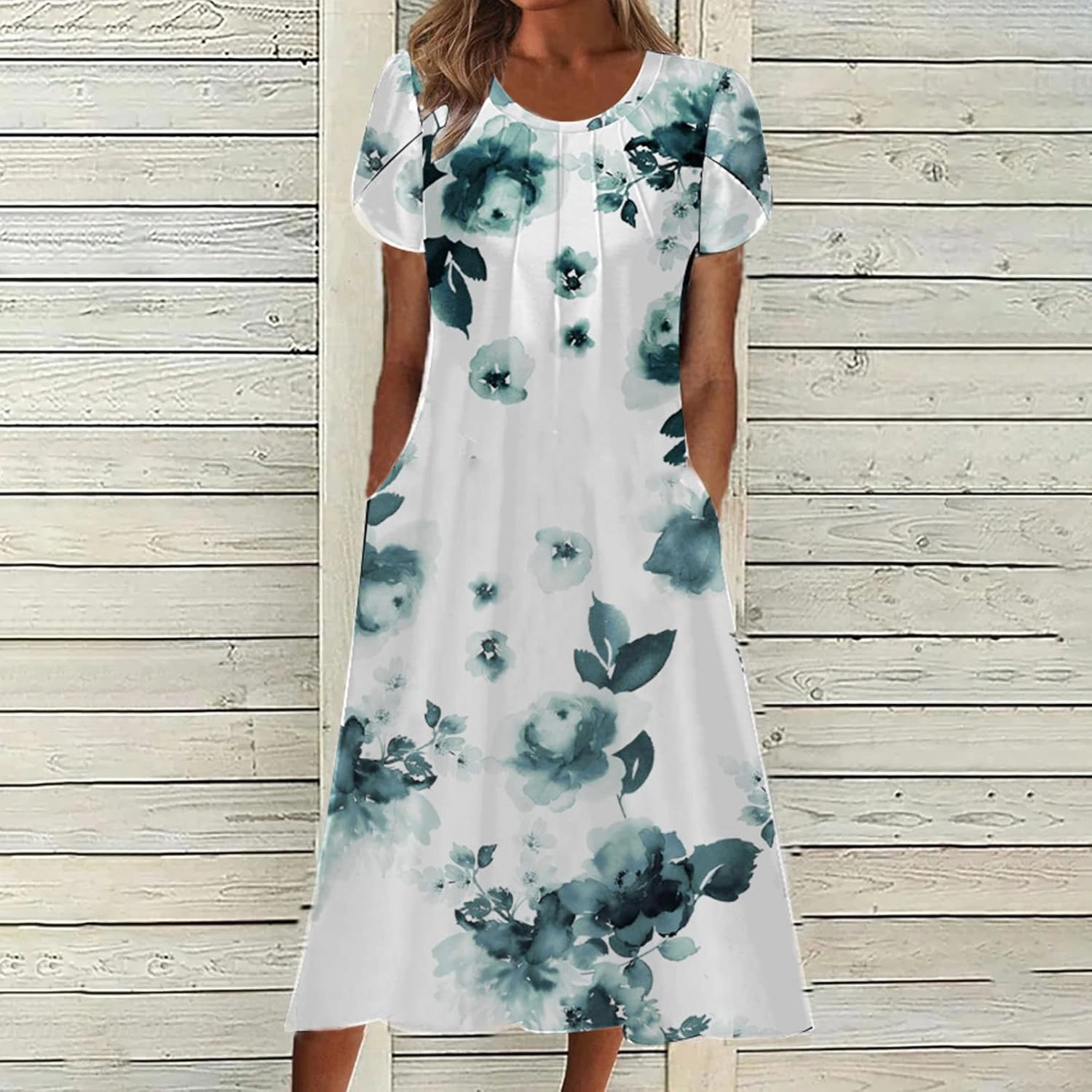 Womens Dress Trendy 2024 Floral Printed Pleated Casual Dresses with Cross Pockets Crewneck Short Sleeve Maxi Dresses