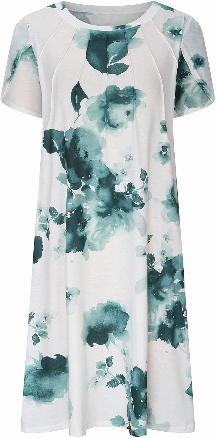 Womens Dress Trendy 2024 Floral Printed Pleated Casual Dresses with Cross Pockets Crewneck Short Sleeve Maxi Dresses