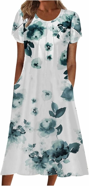 Womens Dress Trendy 2024 Floral Printed Pleated Casual Dresses with Cross Pockets Crewneck Short Sleeve Maxi Dresses