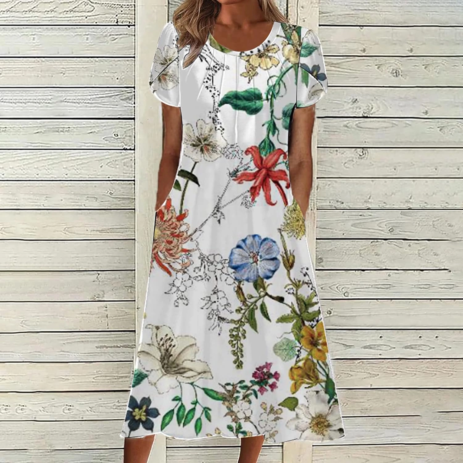 Womens Dress Trendy 2024 Floral Printed Pleated Casual Dresses with Cross Pockets Crewneck Short Sleeve Maxi Dresses