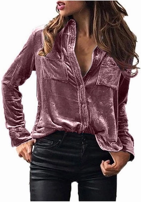 Womens Fall Tops Vintage Velvet Button Down Retro Long Sleeve Blouses Casual Office Formal Dressy Comfy Shirts