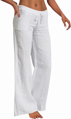 Womens Low Waisted Cotton Linen Lounge Pants Vintage Loose Fit Wide Leg Trousers Daily Outfit Drawstring with Pockets