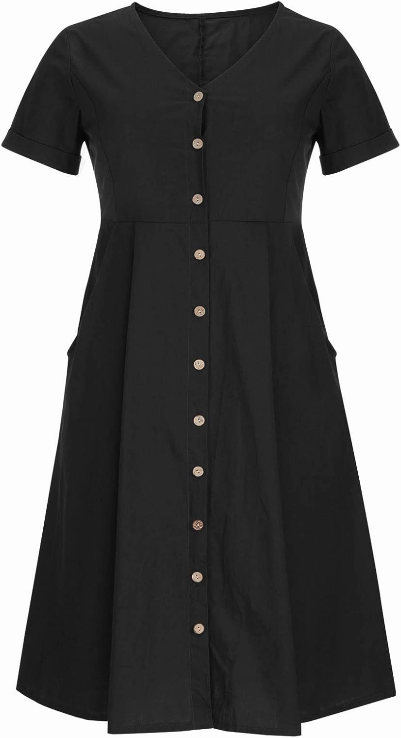 Womens Plus Size Cotton Linen Summer Dress Casual V-Neck Solid Short Sleeve Button Pocket T-Shirt Dress