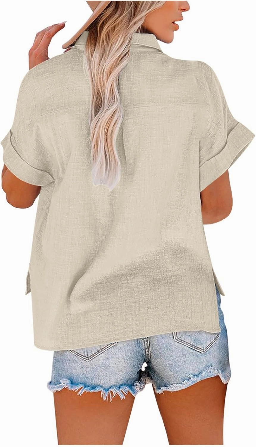Womens Short Sleeve Button Down Linen Shirt Summer Trendy Solid Stand Collar Blouses Going Out Sports Casual T-Shirts