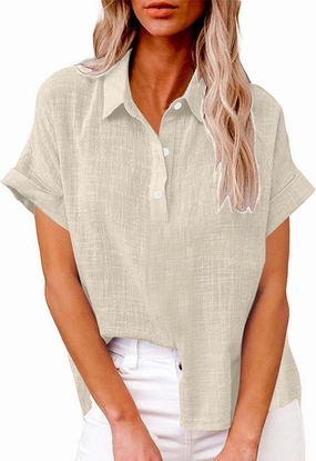 Womens Short Sleeve Button Down Linen Shirt Summer Trendy Solid Stand Collar Blouses Going Out Sports Casual T-Shirts