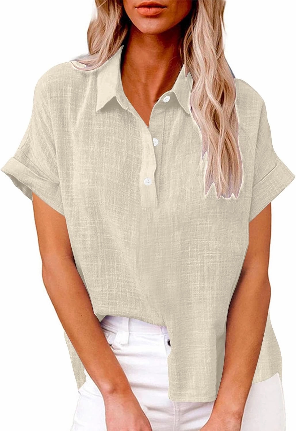 Womens Short Sleeve Button Down Linen Shirt Summer Trendy Solid Stand Collar Blouses Going Out Sports Casual T-Shirts