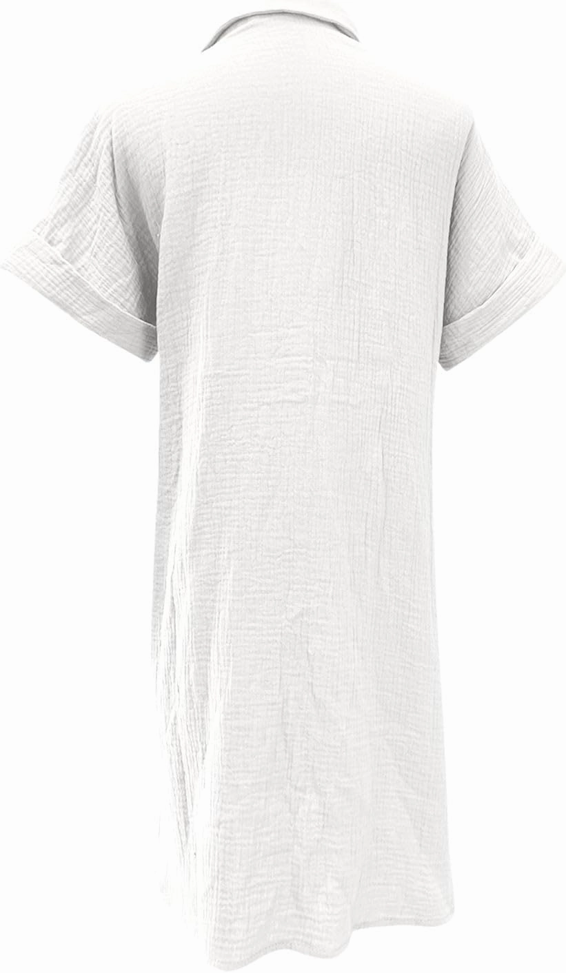 Womens Summer Dresses Casual Roll Up Short Sleeve Knee Length Cotton Linen Button Down Tunic Shirt Dress with Pockets