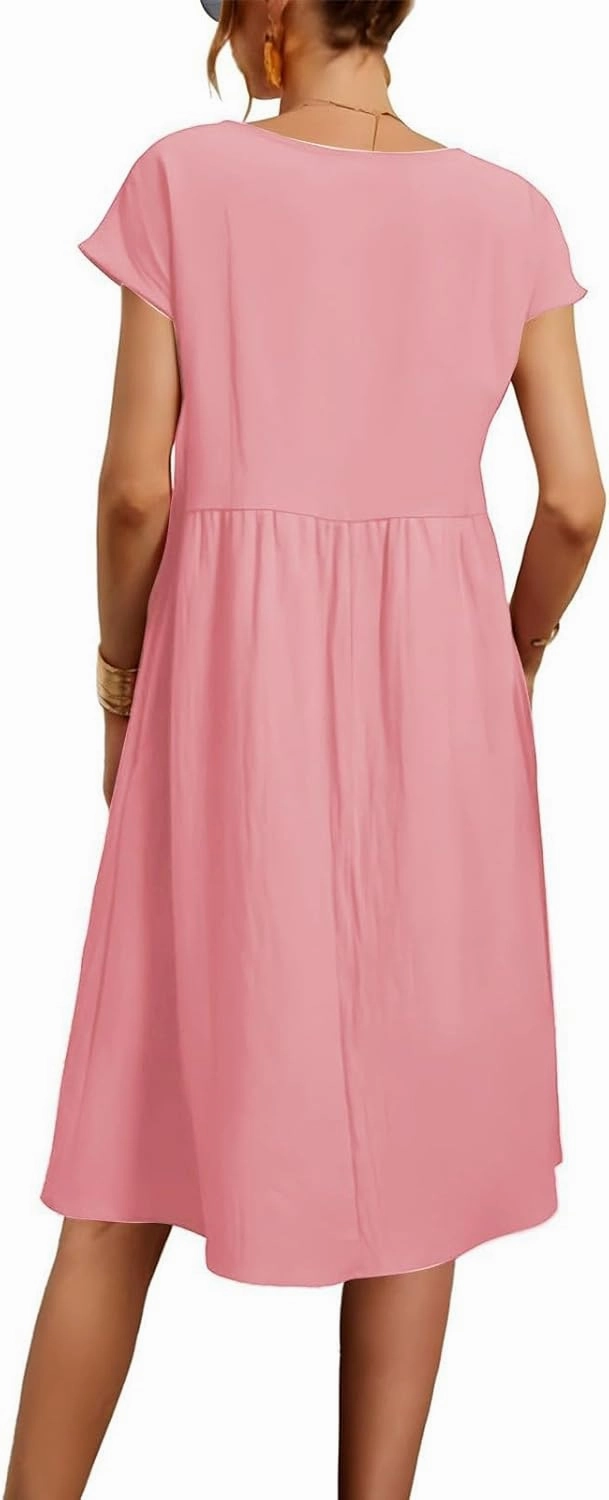 Womens Summer Midi Dresses 2025 Casual Short Sleeve A-Line Sundresses Cotton Linen Solid Color Dresses with Pockets