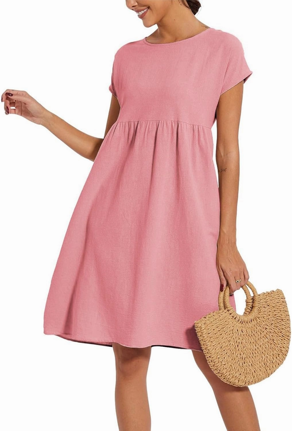 Womens Summer Midi Dresses 2025 Casual Short Sleeve A-Line Sundresses Cotton Linen Solid Color Dresses with Pockets