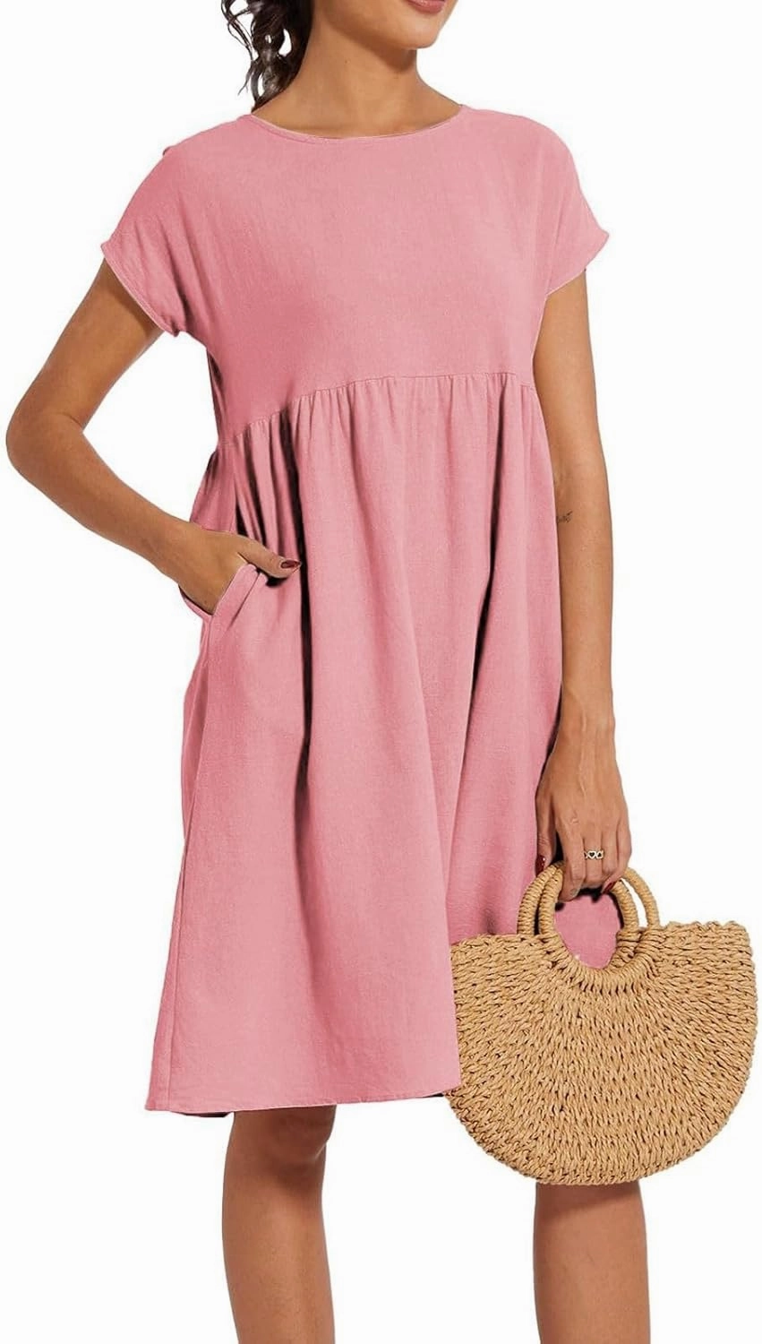 Womens Summer Midi Dresses 2025 Casual Short Sleeve A-Line Sundresses Cotton Linen Solid Color Dresses with Pockets