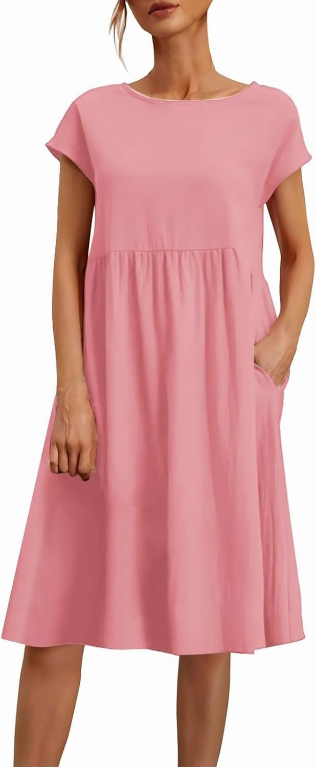 Womens Summer Midi Dresses 2025 Casual Short Sleeve A-Line Sundresses Cotton Linen Solid Color Dresses with Pockets