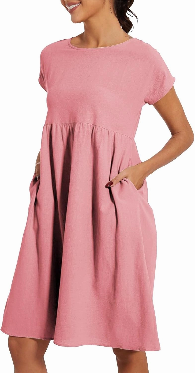 Womens Summer Midi Dresses 2025 Casual Short Sleeve A-Line Sundresses Cotton Linen Solid Color Dresses with Pockets