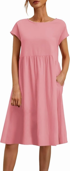 Womens Summer Midi Dresses 2025 Casual Short Sleeve A-Line Sundresses Cotton Linen Solid Color Dresses with Pockets