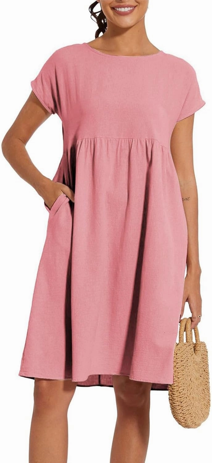 Womens Summer Midi Dresses 2025 Casual Short Sleeve A-Line Sundresses Cotton Linen Solid Color Dresses with Pockets