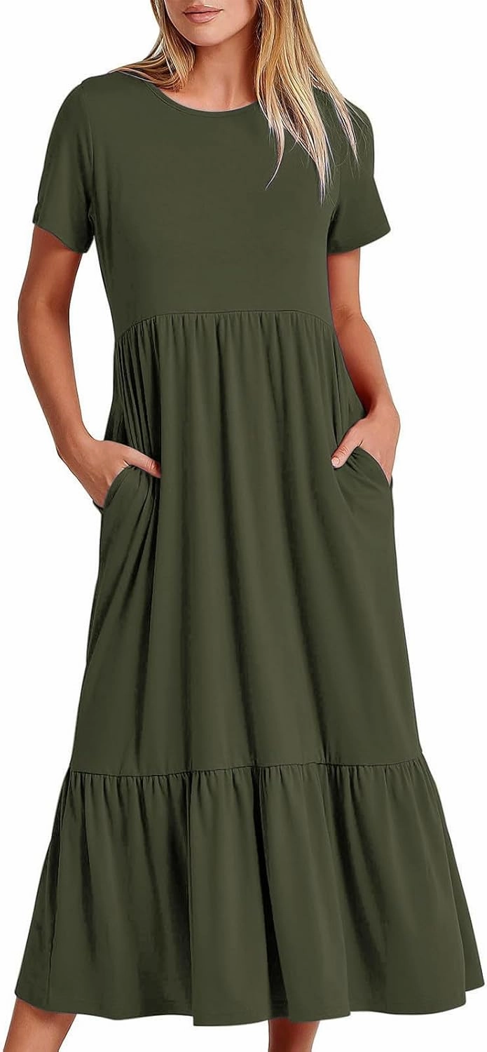 Womens Summer Short Sleeve Crewneck Shirt Dress Casual Flowy Tiered Maxi Beach Sundress with Pockets Elegant Long Dresses