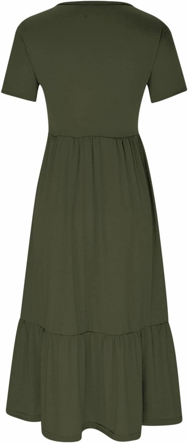 Womens Summer Short Sleeve Crewneck Shirt Dress Casual Flowy Tiered Maxi Beach Sundress with Pockets Elegant Long Dresses