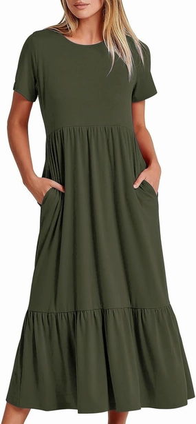 Womens Summer Short Sleeve Crewneck Shirt Dress Casual Flowy Tiered Maxi Beach Sundress with Pockets Elegant Long Dresses