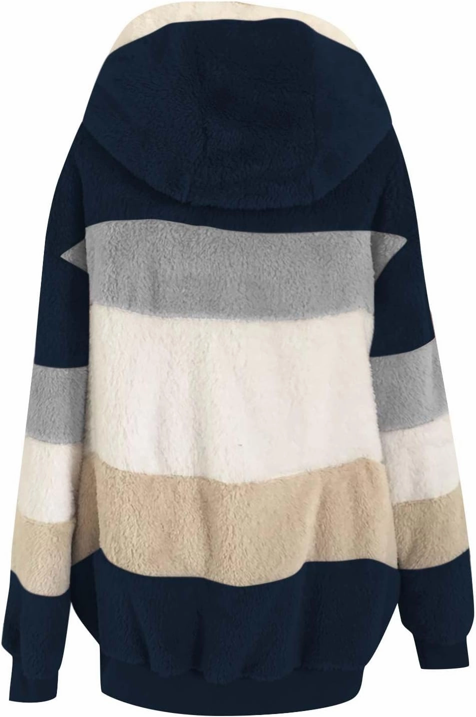 Womens Winter Coats Fuzzy Fleece Jacket Hooded Color Block Patchwork Cardigan Coat Zip Outerwear with Pockets