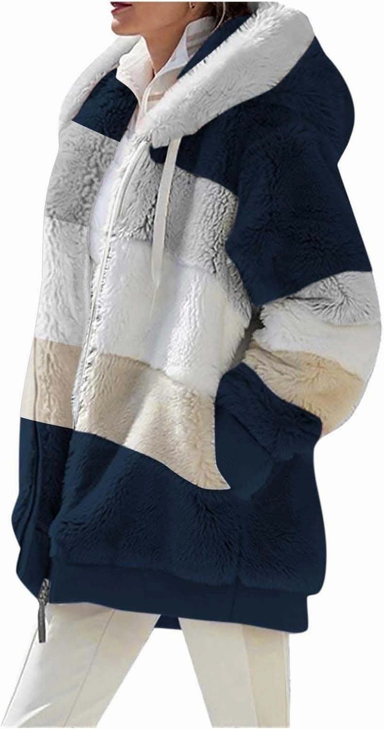 Womens Winter Coats Fuzzy Fleece Jacket Hooded Color Block Patchwork Cardigan Coat Zip Outerwear with Pockets