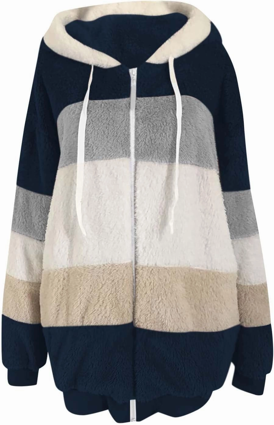 Womens Winter Coats Fuzzy Fleece Jacket Hooded Color Block Patchwork Cardigan Coat Zip Outerwear with Pockets