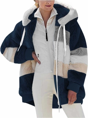 Womens Winter Coats Fuzzy Fleece Jacket Hooded Color Block Patchwork Cardigan Coat Zip Outerwear with Pockets