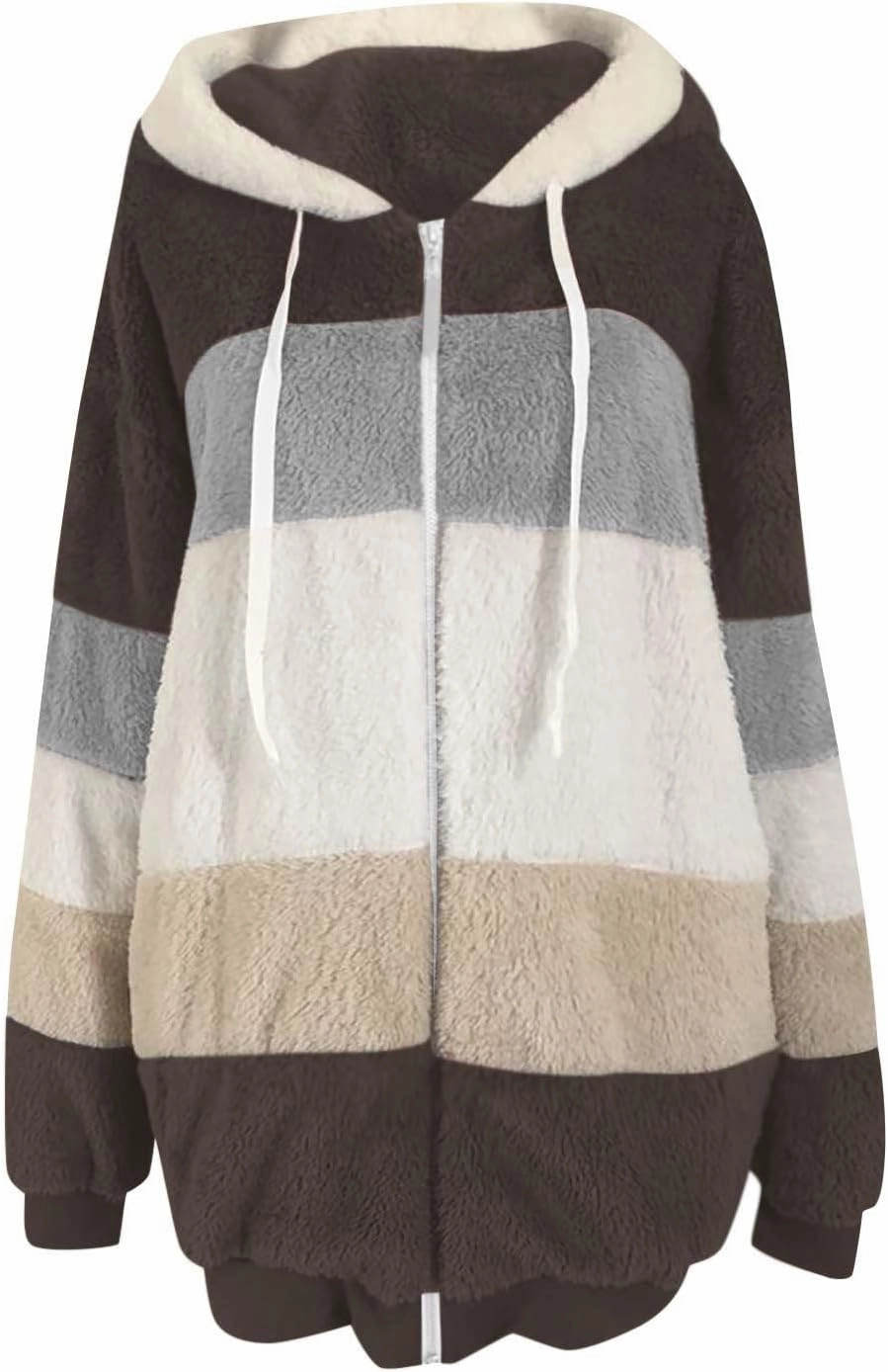 Womens Winter Coats Fuzzy Fleece Jacket Hooded Color Block Patchwork Cardigan Coat Zip Outerwear with Pockets