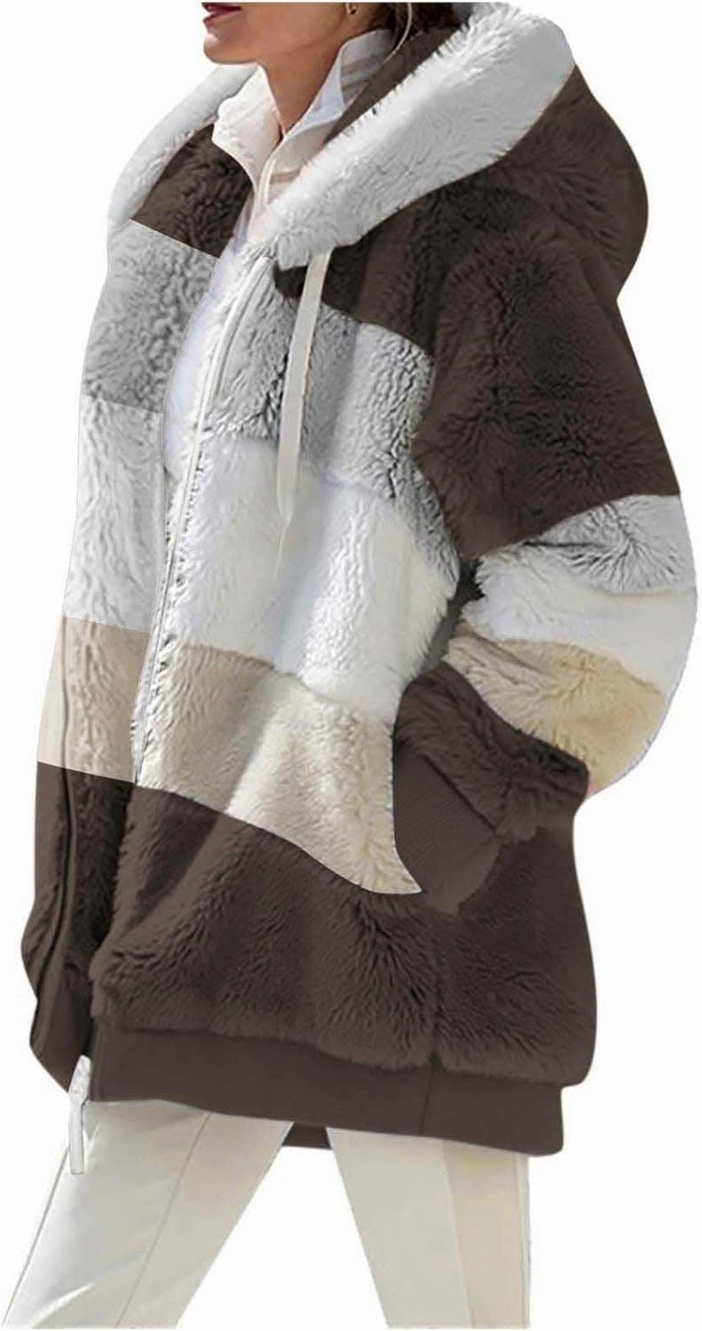 Womens Winter Coats Fuzzy Fleece Jacket Hooded Color Block Patchwork Cardigan Coat Zip Outerwear with Pockets
