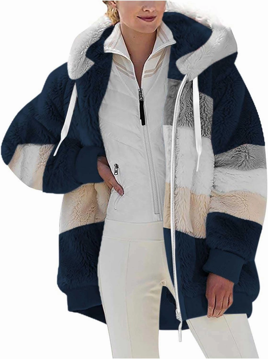 Womens Winter Coats Fuzzy Fleece Jacket Hooded Color Block Patchwork Cardigan Coat Zip Outerwear with Pockets