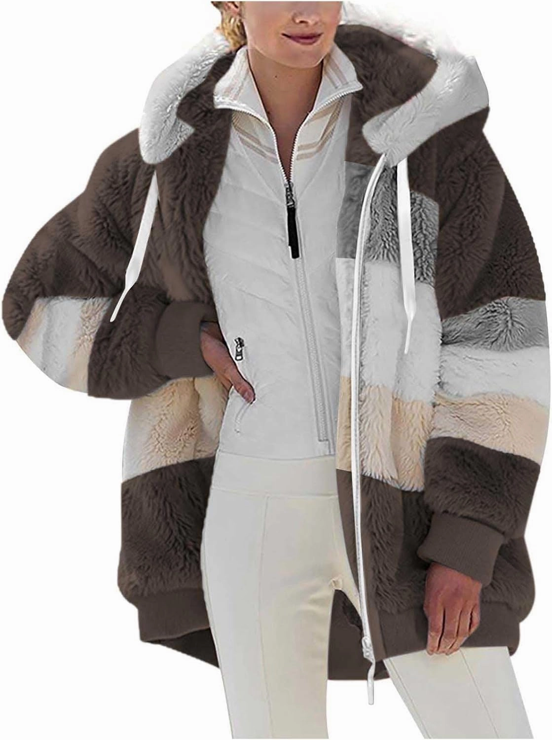 Womens Winter Coats Fuzzy Fleece Jacket Hooded Color Block Patchwork Cardigan Coat Zip Outerwear with Pockets