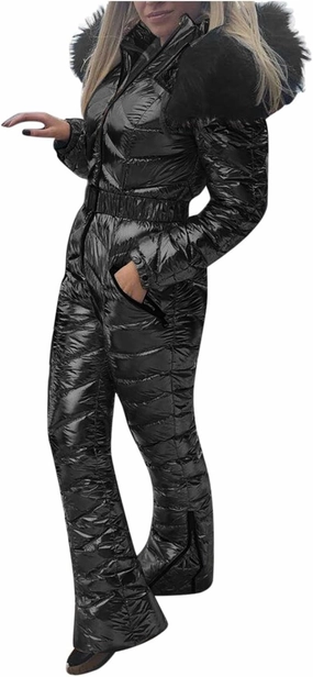 Womens Winter O𝐧e Piece Ski Suit F𝐮r Collar Coat Ski Jumpsuit Snowsuit Winter Sports Outwear Solid Thick