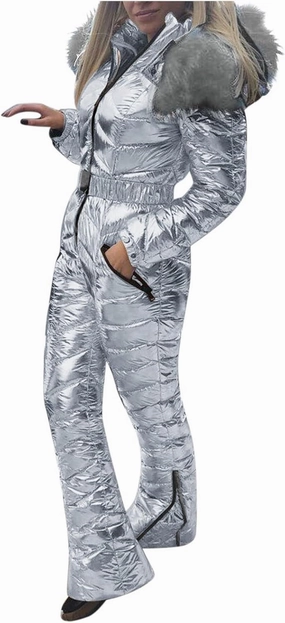 Womens Winter O𝐧e Piece Ski Suit F𝐮r Collar Coat Ski Jumpsuit Snowsuit Winter Sports Outwear Solid Thick
