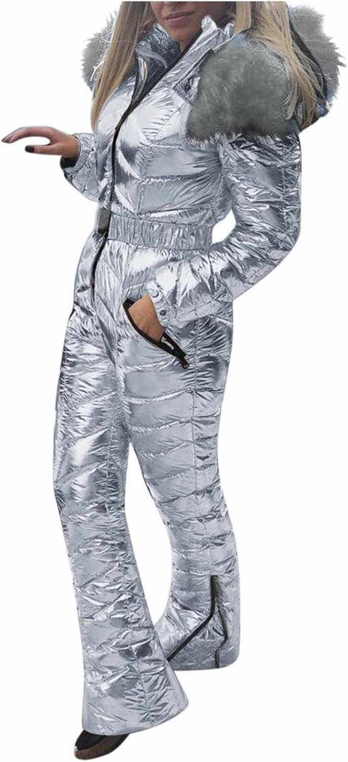 Womens Winter O𝐧e Piece Ski Suit F𝐮r Collar Coat Ski Jumpsuit Snowsuit Winter Sports Outwear Solid Thick
