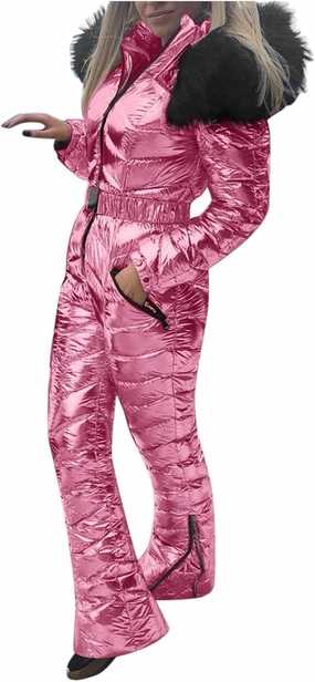 Womens Winter O𝐧e Piece Ski Suit F𝐮r Collar Coat Ski Jumpsuit Snowsuit Winter Sports Outwear Solid Thick