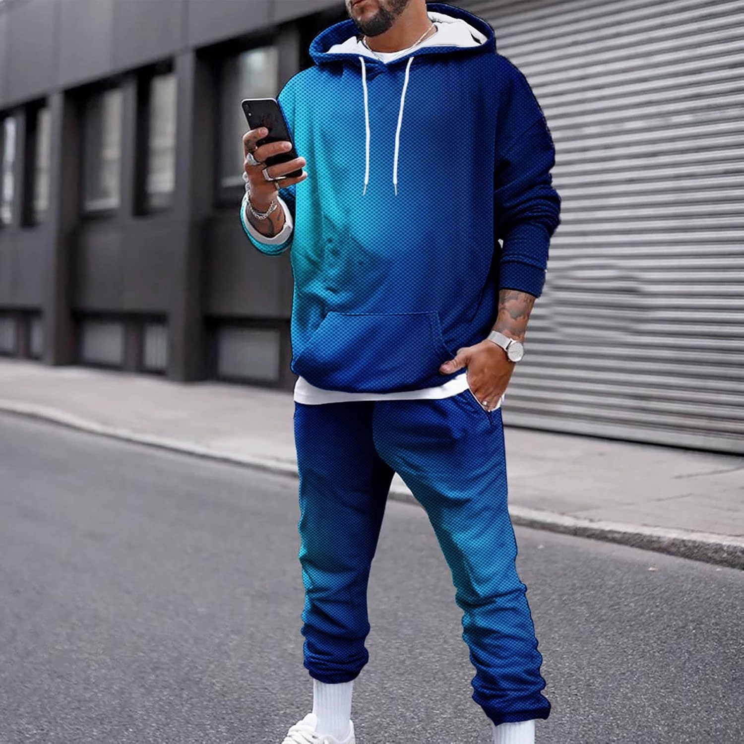 Workout Sets for Men Running Sports Hooded Sweatsuit Casual Long Sleeve Pullover Drawstring Pant 2 Piece Outfits