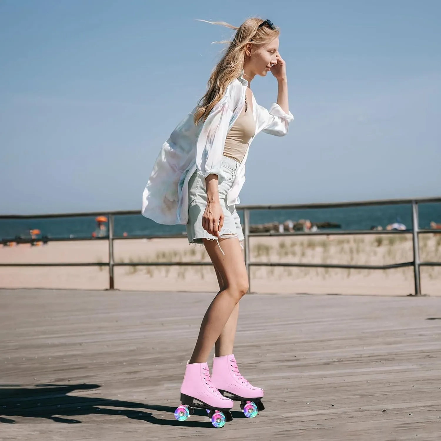 XUDREZ Women's Men's Cozy PU Leather High-Top Skates for Beginner with Double-Row PU Wheels - Professional Indoor Outdoor Skates