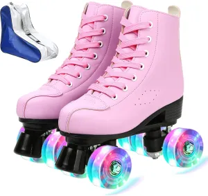 XUDREZ Women's Men's Cozy PU Leather High-Top Skates for Beginner with Double-Row PU Wheels - Professional Indoor Outdoor Skates