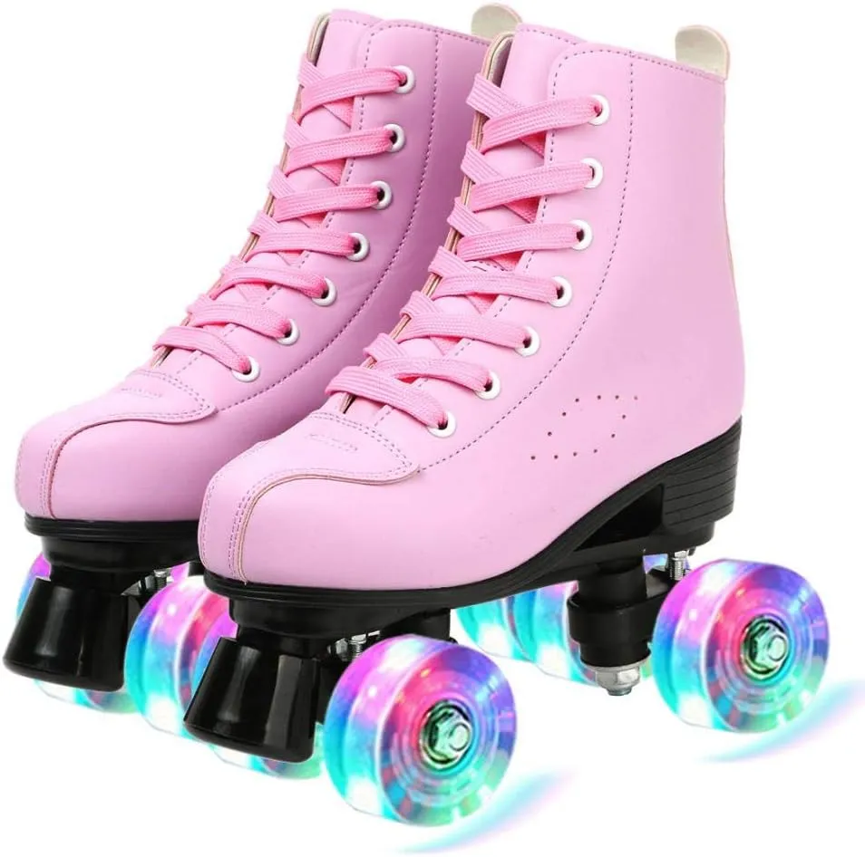 XUDREZ Women's Men's Cozy PU Leather High-Top Skates for Beginner with Double-Row PU Wheels - Professional Indoor Outdoor Skates