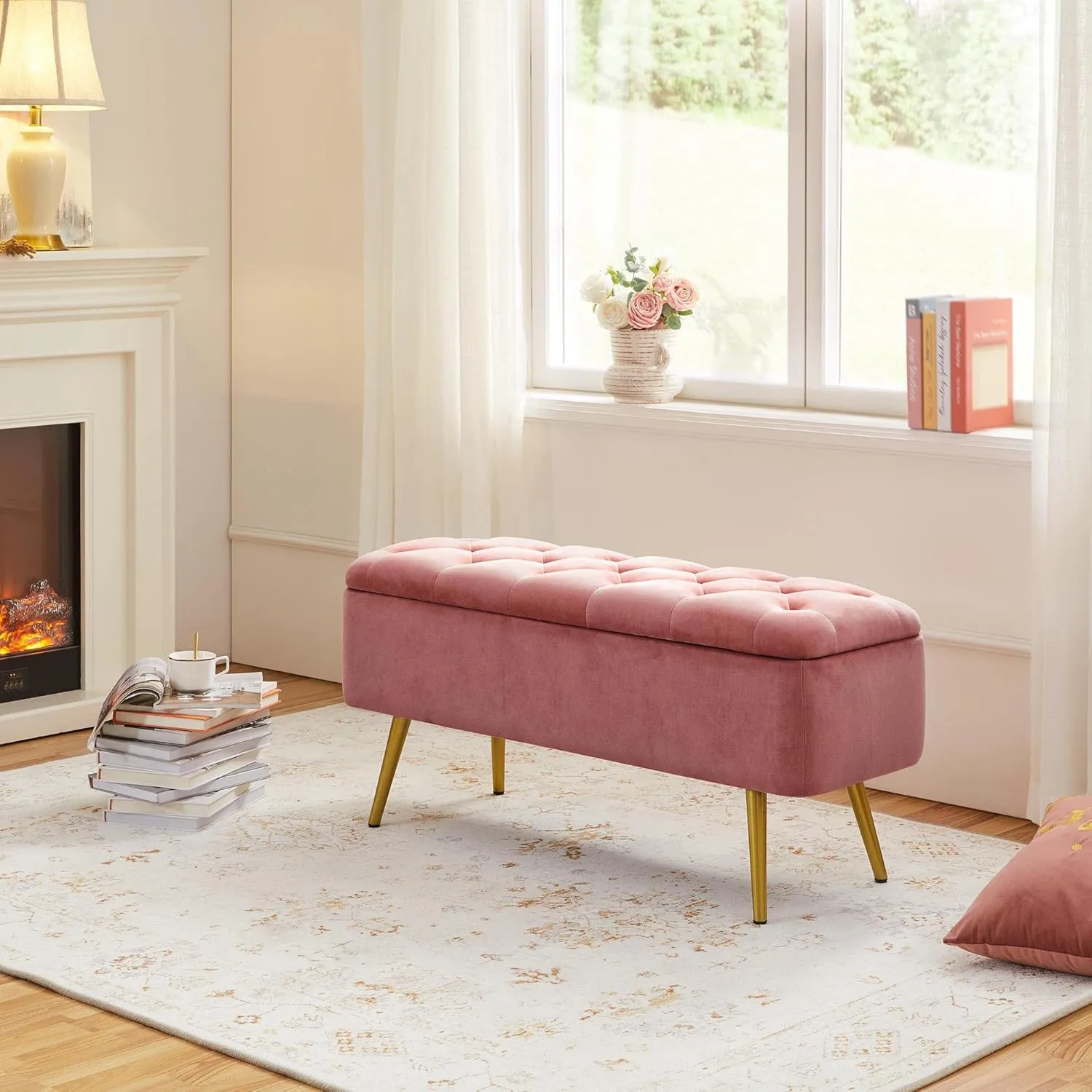 Yaheetech 42 Inches Ottoman with Floding Velvet Storage Bench Foot Stool for Living Room, Bedroom, Entryway Pink