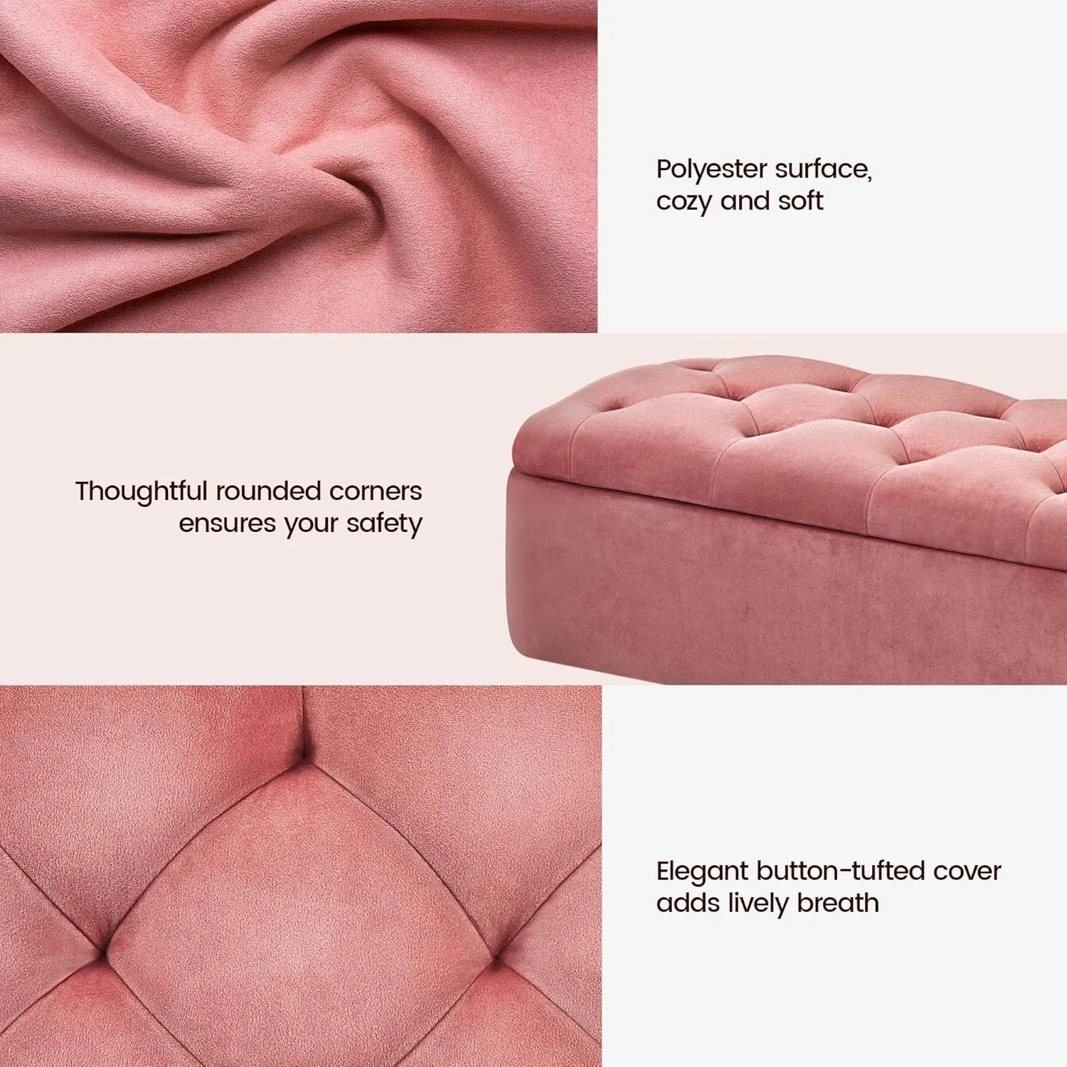 Yaheetech 42 Inches Ottoman with Floding Velvet Storage Bench Foot Stool for Living Room, Bedroom, Entryway Pink