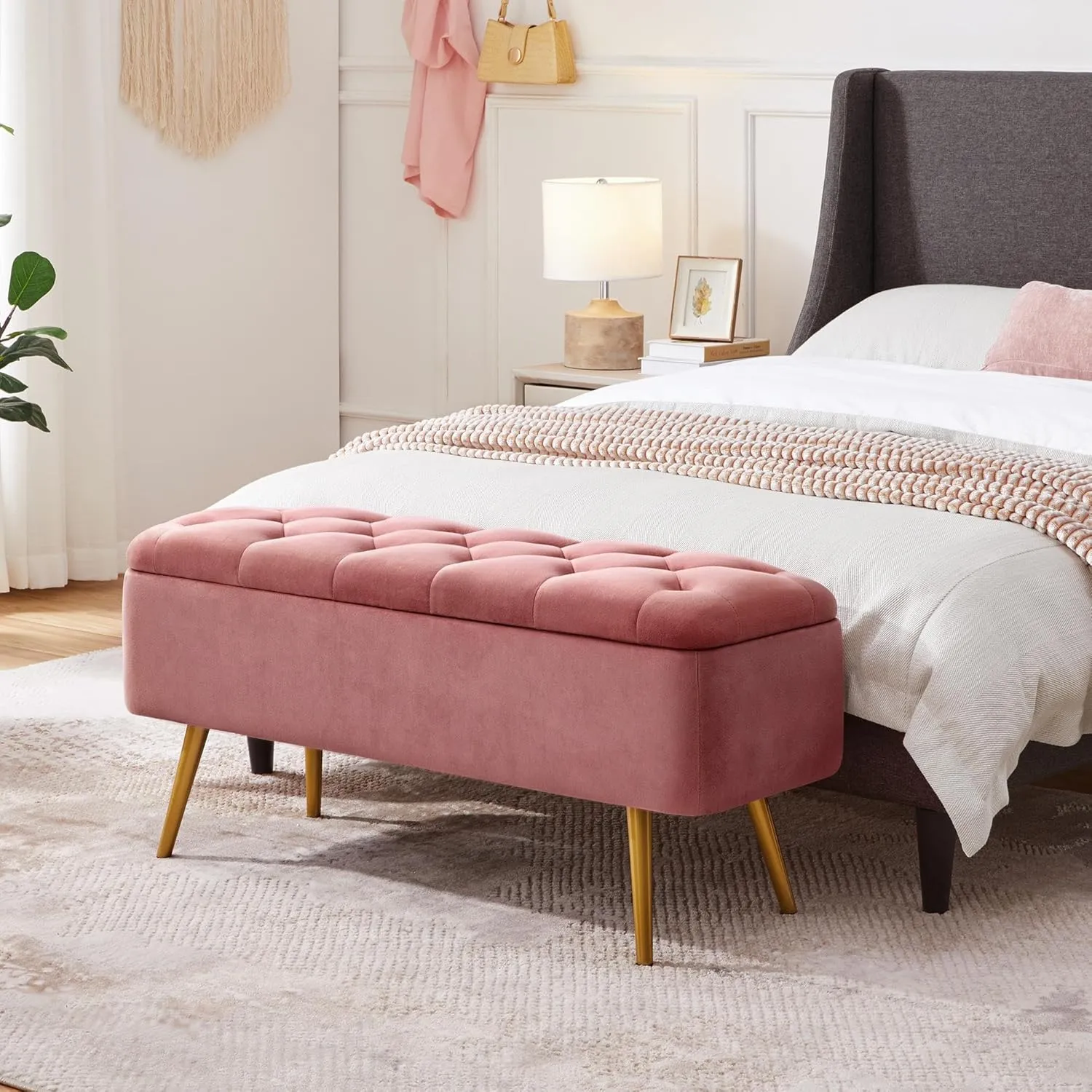 Yaheetech 42 Inches Ottoman with Floding Velvet Storage Bench Foot Stool for Living Room, Bedroom, Entryway Pink