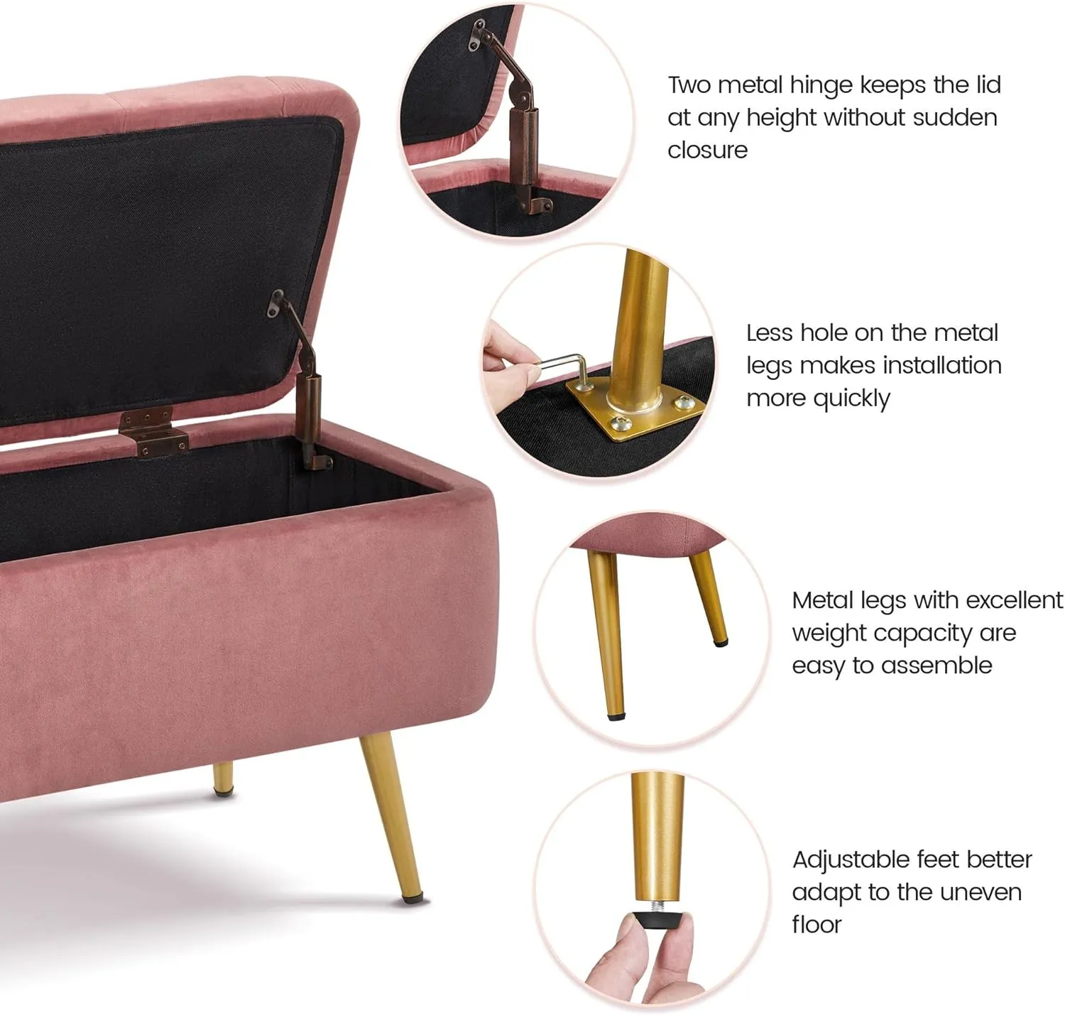 Yaheetech 42 Inches Ottoman with Floding Velvet Storage Bench Foot Stool for Living Room, Bedroom, Entryway Pink