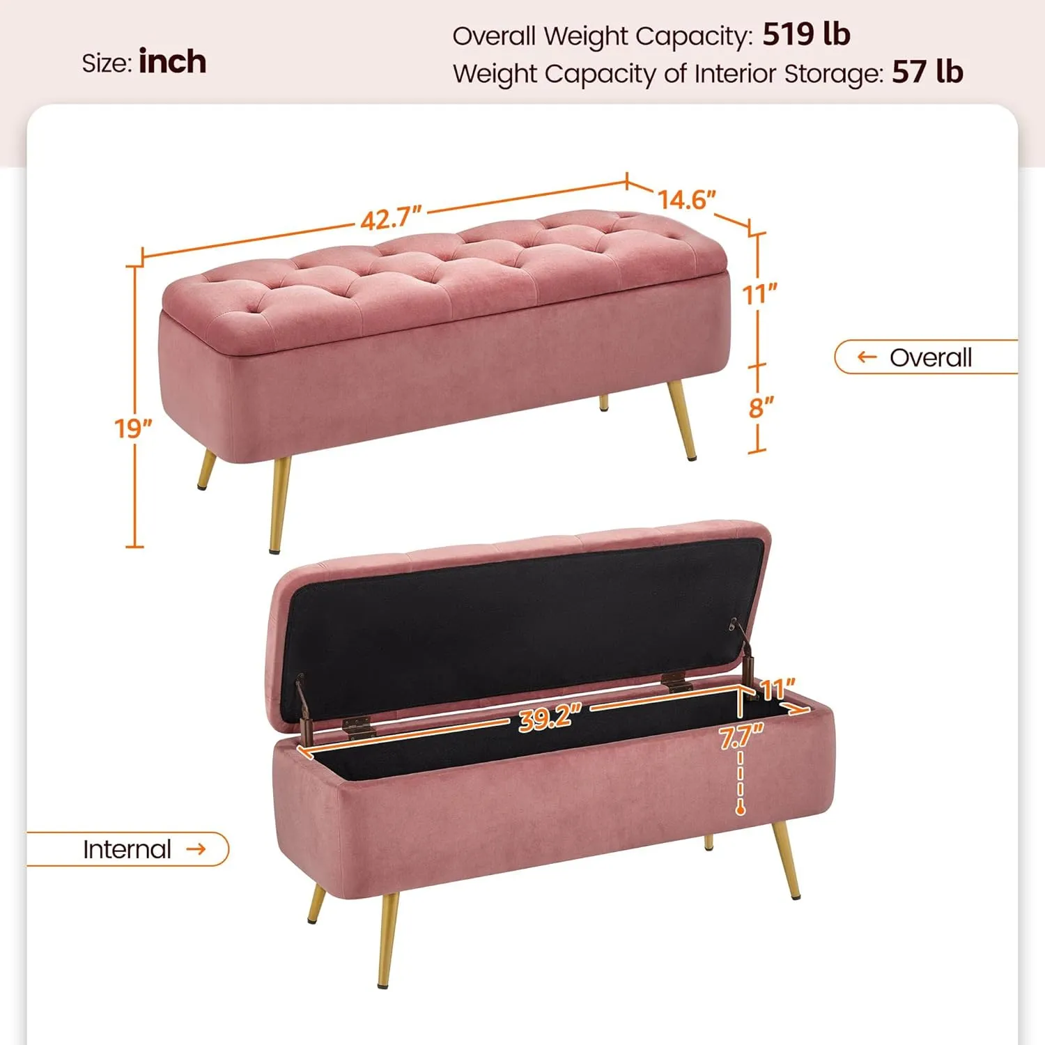 Yaheetech 42 Inches Ottoman with Floding Velvet Storage Bench Foot Stool for Living Room, Bedroom, Entryway Pink