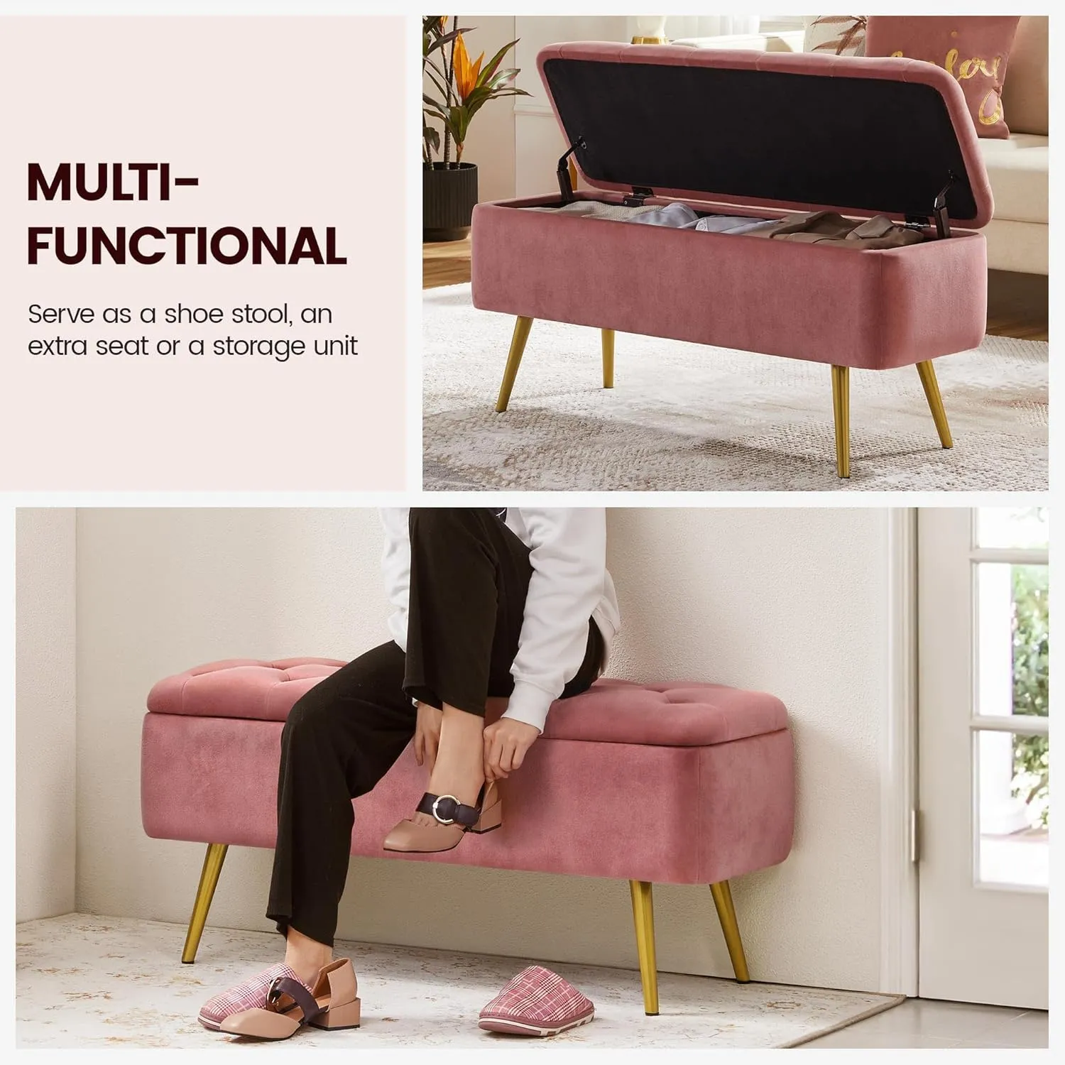 Yaheetech 42 Inches Ottoman with Floding Velvet Storage Bench Foot Stool for Living Room, Bedroom, Entryway Pink