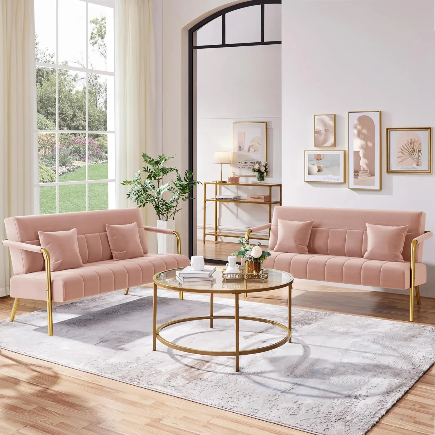 Yaheetech 56.5" W Modern Sofa Small Sofa Luxurious Velvet Fabric Couch with Gold-Tone Metal Arms and Legs for Living Room, Home Office, Studio Pink
