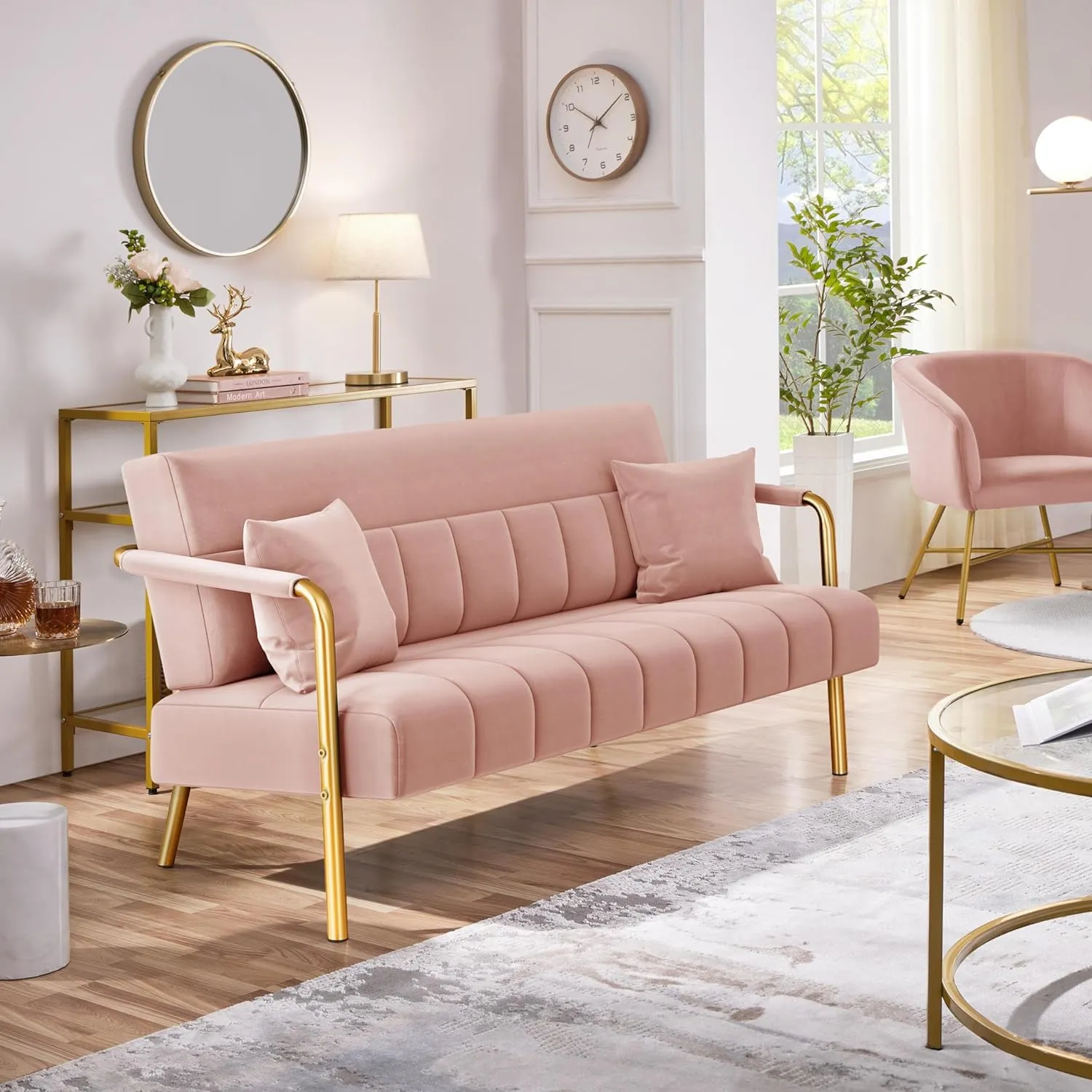 Yaheetech 56.5" W Modern Sofa Small Sofa Luxurious Velvet Fabric Couch with Gold-Tone Metal Arms and Legs for Living Room, Home Office, Studio Pink