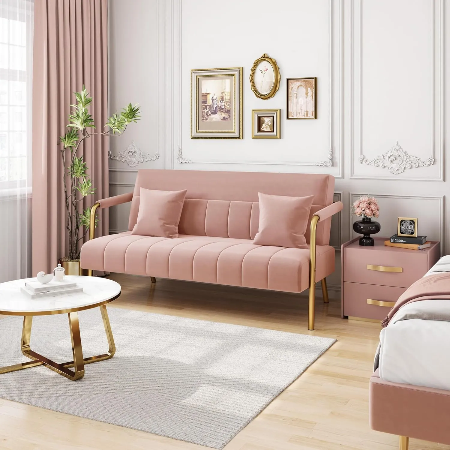 Yaheetech 56.5" W Modern Sofa Small Sofa Luxurious Velvet Fabric Couch with Gold-Tone Metal Arms and Legs for Living Room, Home Office, Studio Pink