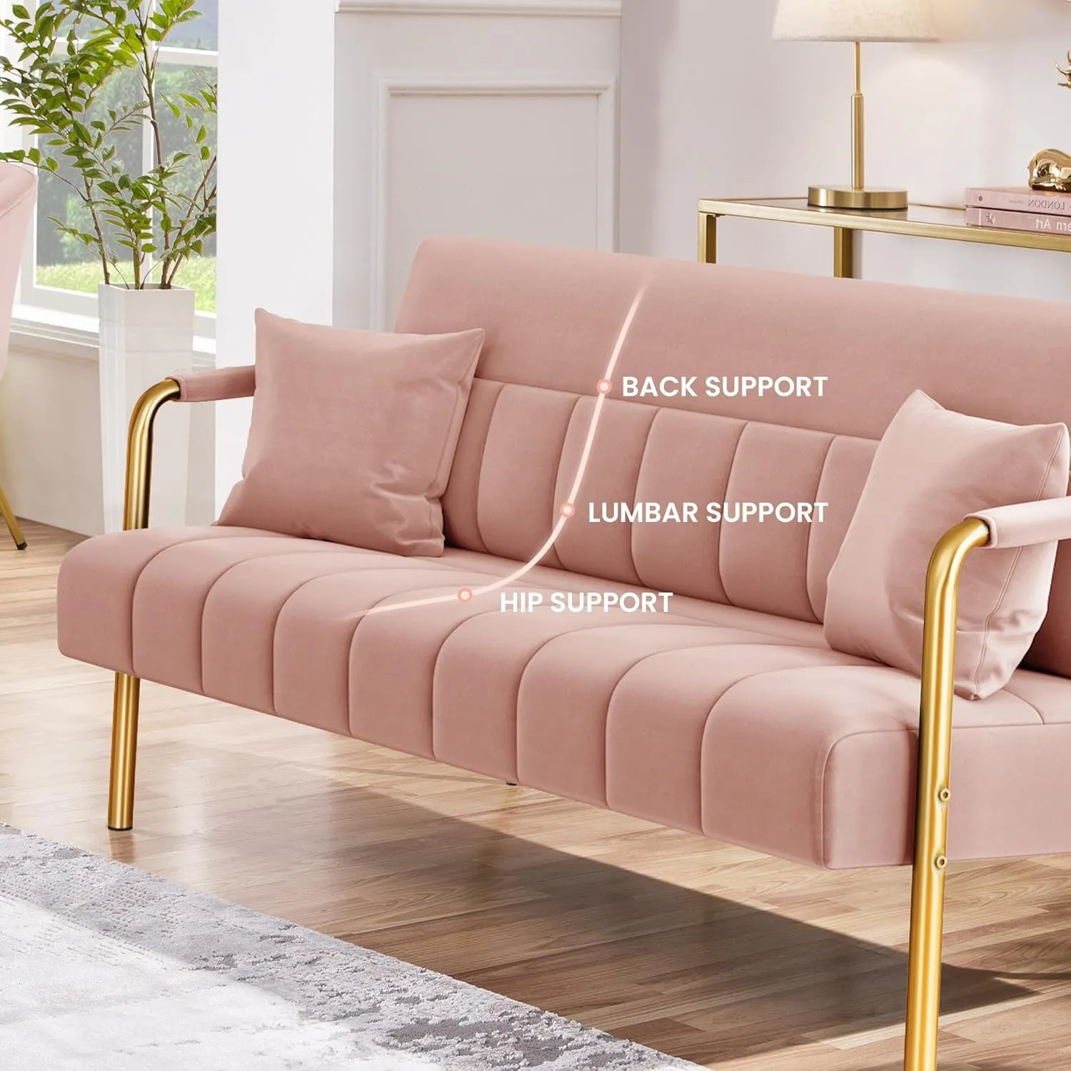 Yaheetech 56.5" W Modern Sofa Small Sofa Luxurious Velvet Fabric Couch with Gold-Tone Metal Arms and Legs for Living Room, Home Office, Studio Pink